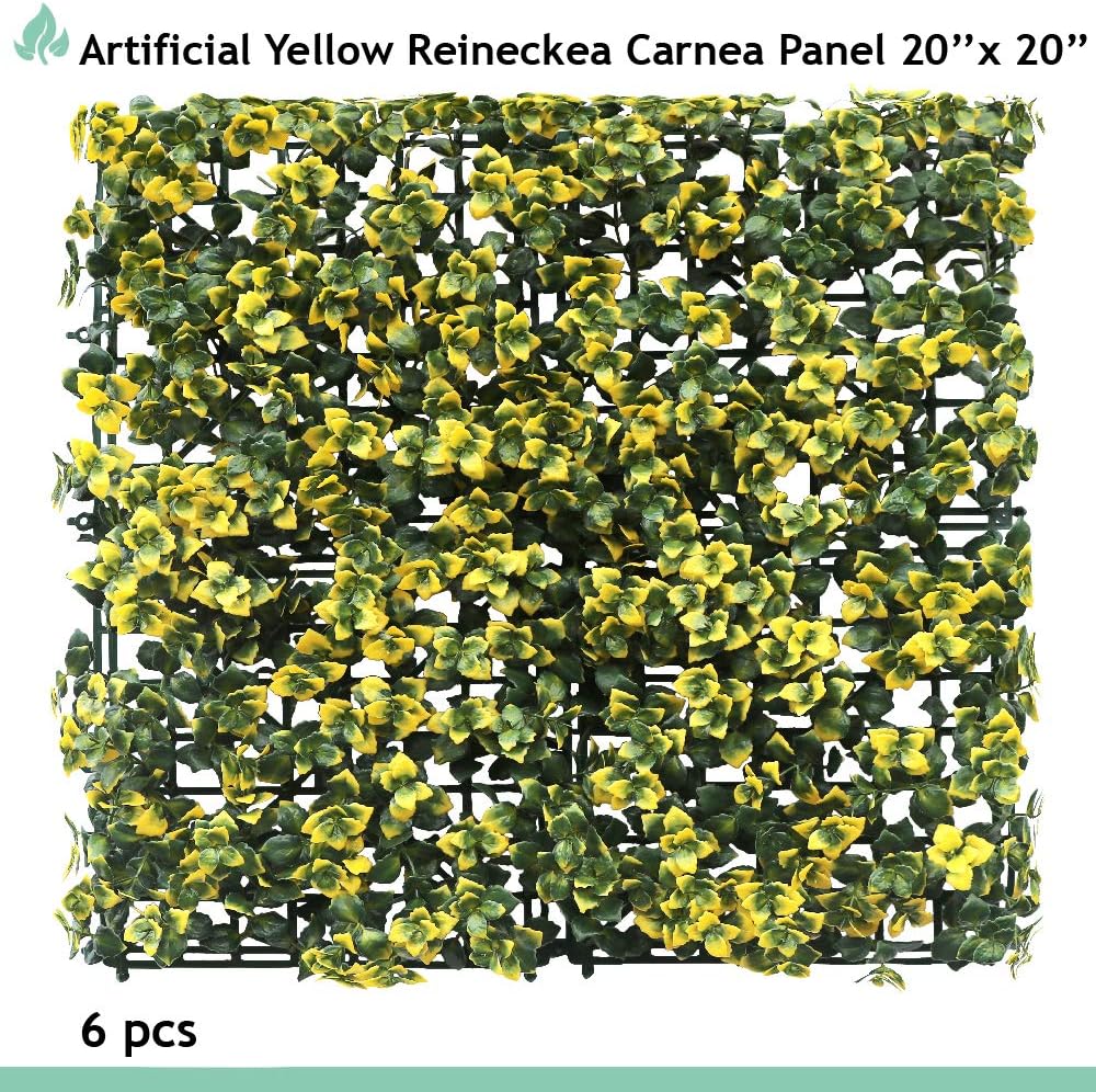 SunnyRoyal Artificial Boxwood Panels Topiary Hedge Plant UV Protected Privacy Ivy Screen Faux Greenery Wall Décor Outdoor Indoor Use Backyard Garden Decoration 20" x 20" Yellow Reineckea 6 Pieces
