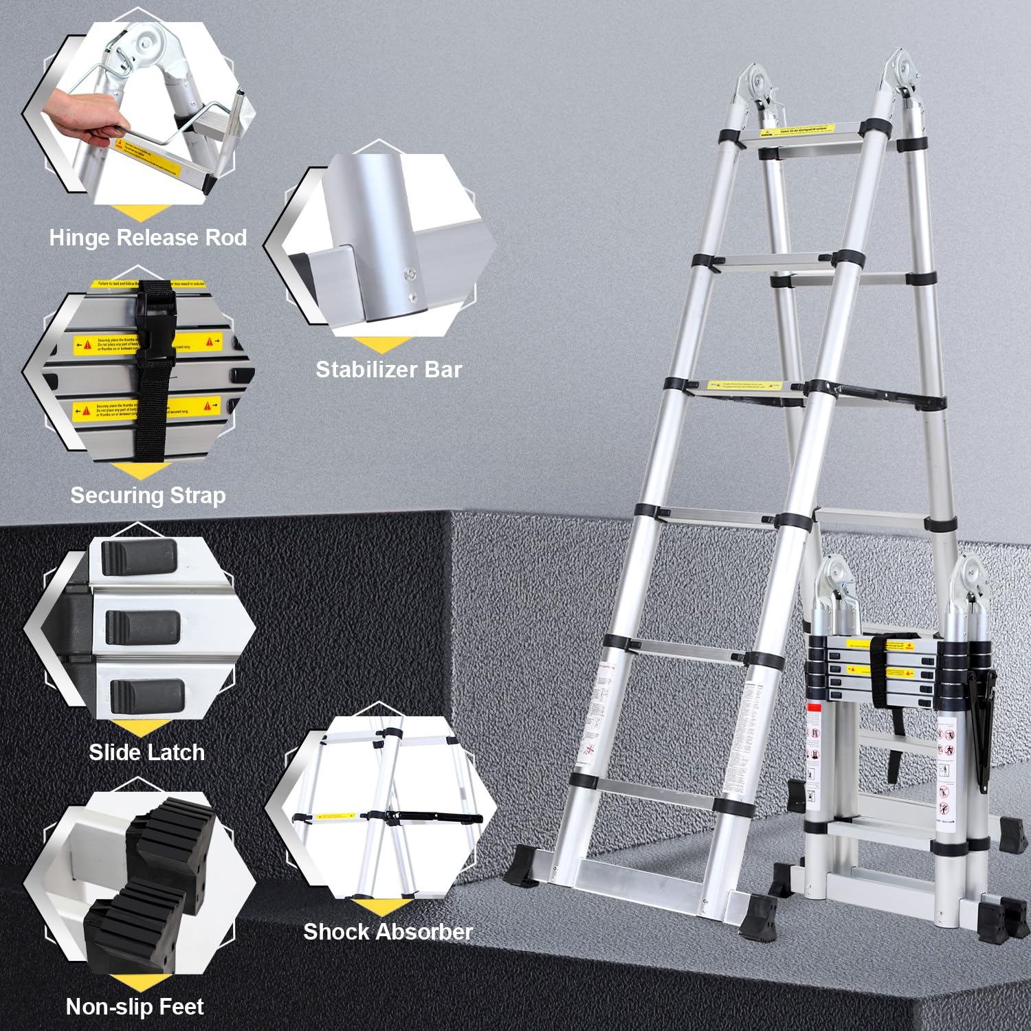 Escalera telescópica de aluminio de 3,8 m con estabilizador triangular, escalera plegable, antideslizante, multiusos, capacidad de carga de 150 kg (1,9 + 1,9 m)