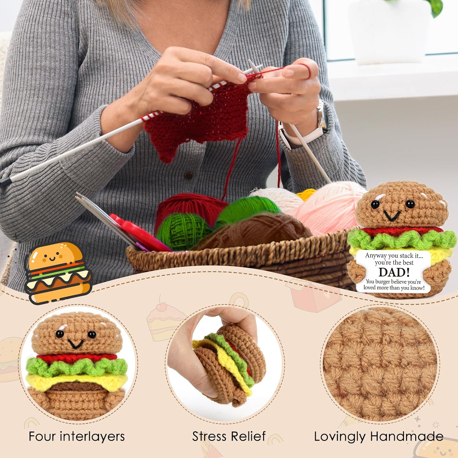 Mini Birthday Gift for Dad from Daughter Son Wife Handmade Crochet Burger Birthday Gifts for Father Husband New Daddy Step Dads First-Time Father I Love You Papa Gift Ideas Best Dad Ever