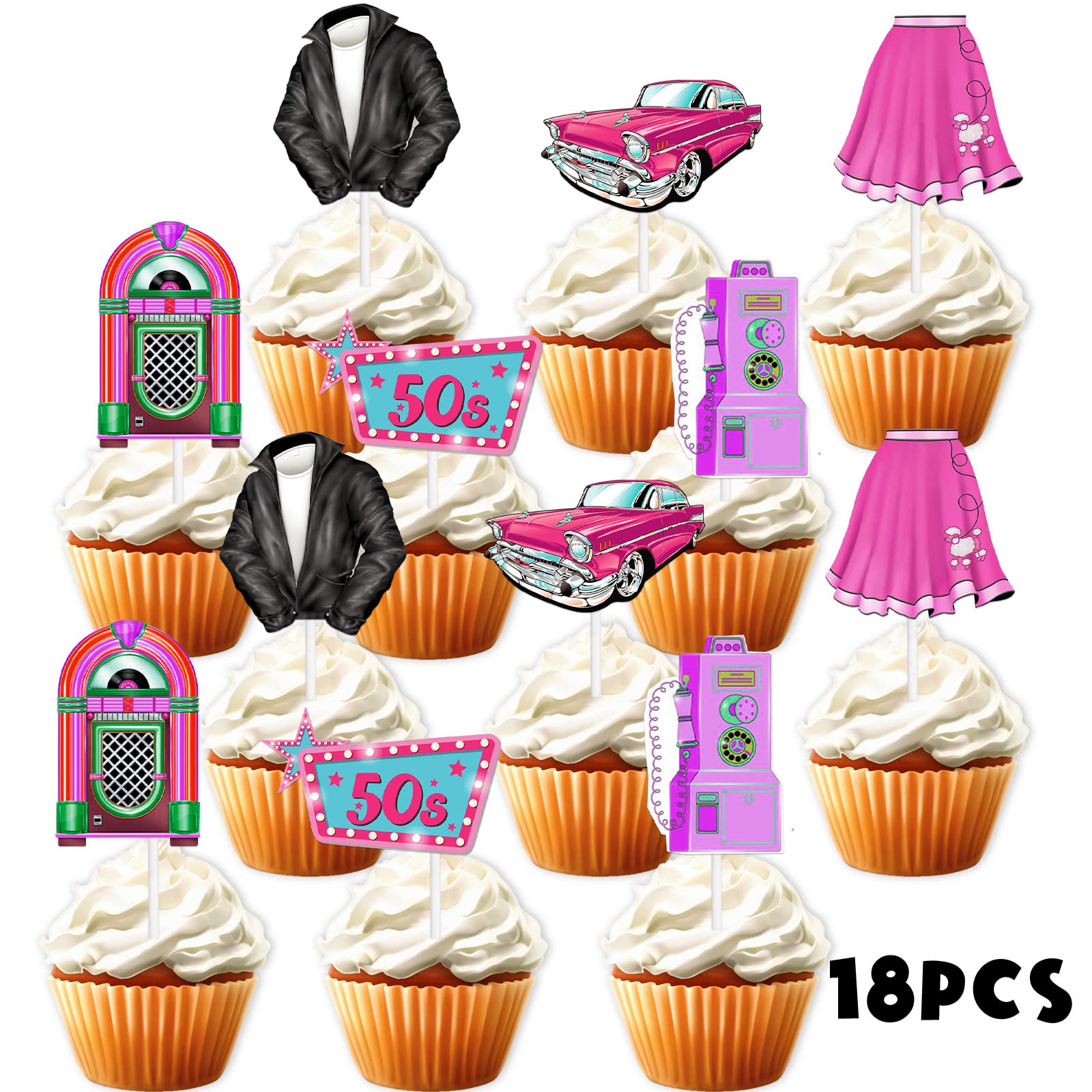 18 Cupcake-Topper Rosa Glitzer - Retro Auto & Hund Design, 6,1x5,1 Cm, Für Geburtstag