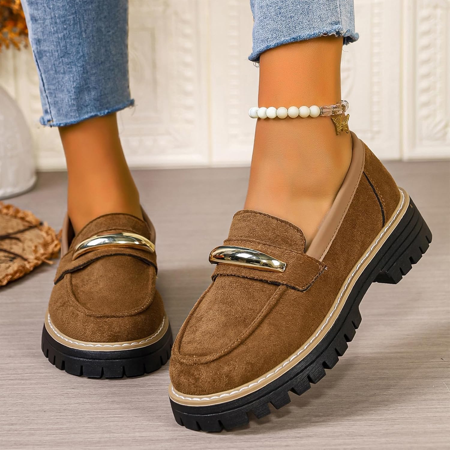 Women's Suede Platform Loafers Round Toe Comfortable Slip On Non Slip Lug Sole Office Dress Shoes Walking Work Formal Business Penny Loafer Shoes - Image 6