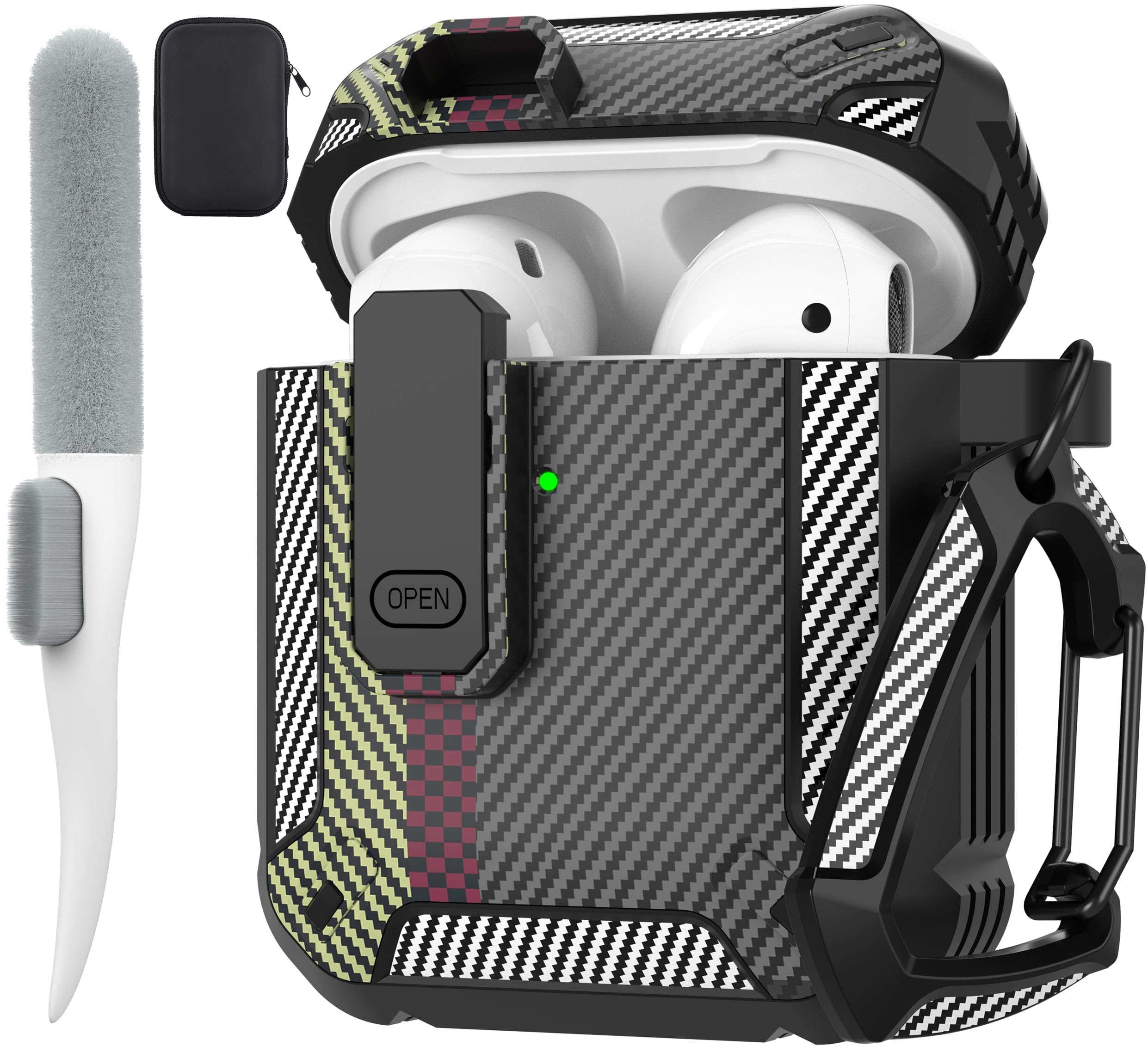 Maxjoy for AirPods 2nd Generation Case Cover, AirPods Case with Lock Gen 2 Hard Shell Shockproof Protective Cover with Keychain Cleaner Kit Compatible with Apple AirPods2 AirPods1, Carbon Fiber Gray