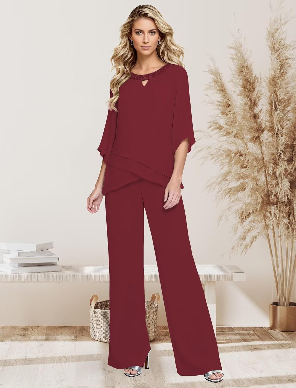 Black Mother of The Bride Pant Suits for Women 2 Pieces Dressy Chiffon Grandmother of Bride Pant Suit Petite Wedding Guest Pantsuits with Sleeves Black 12 - Image 5