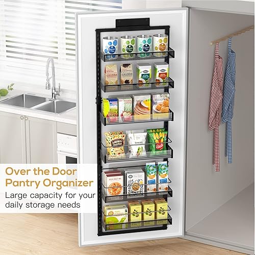 Miniatura 2 de Organizador de despensa sobre la puerta, estante grande de 6 niveles para especias de almacenamiento de pared, 2 en 1, cestas colgantes ajustables