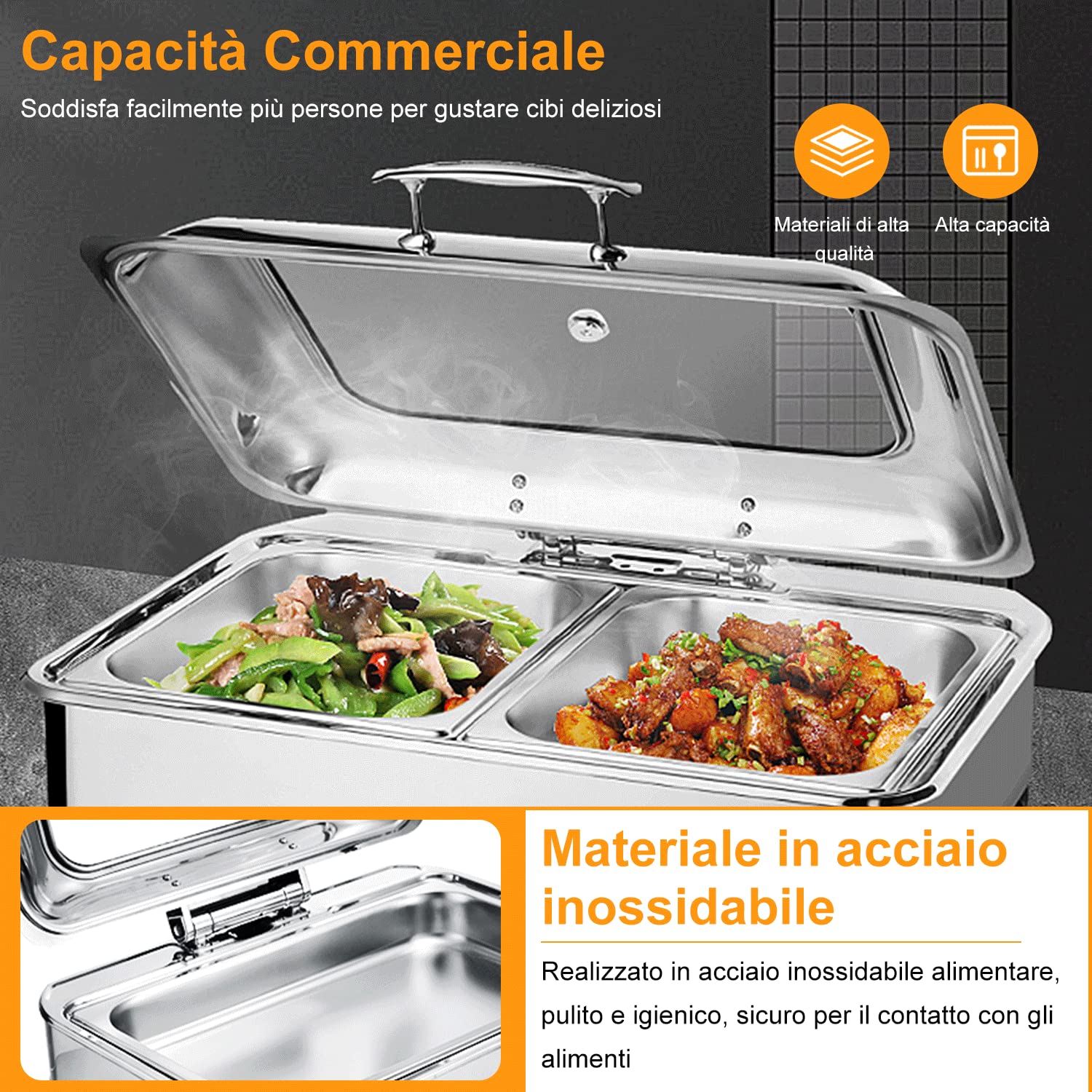 9L Chafing Dish Scaldavivande Elettrico per Buffet Acciaio Inox | Contenitore Vassoio di Riscaldamento Pentole con Coperchio Visibile, Scaldavivande per Buffet Feste Ristoranti