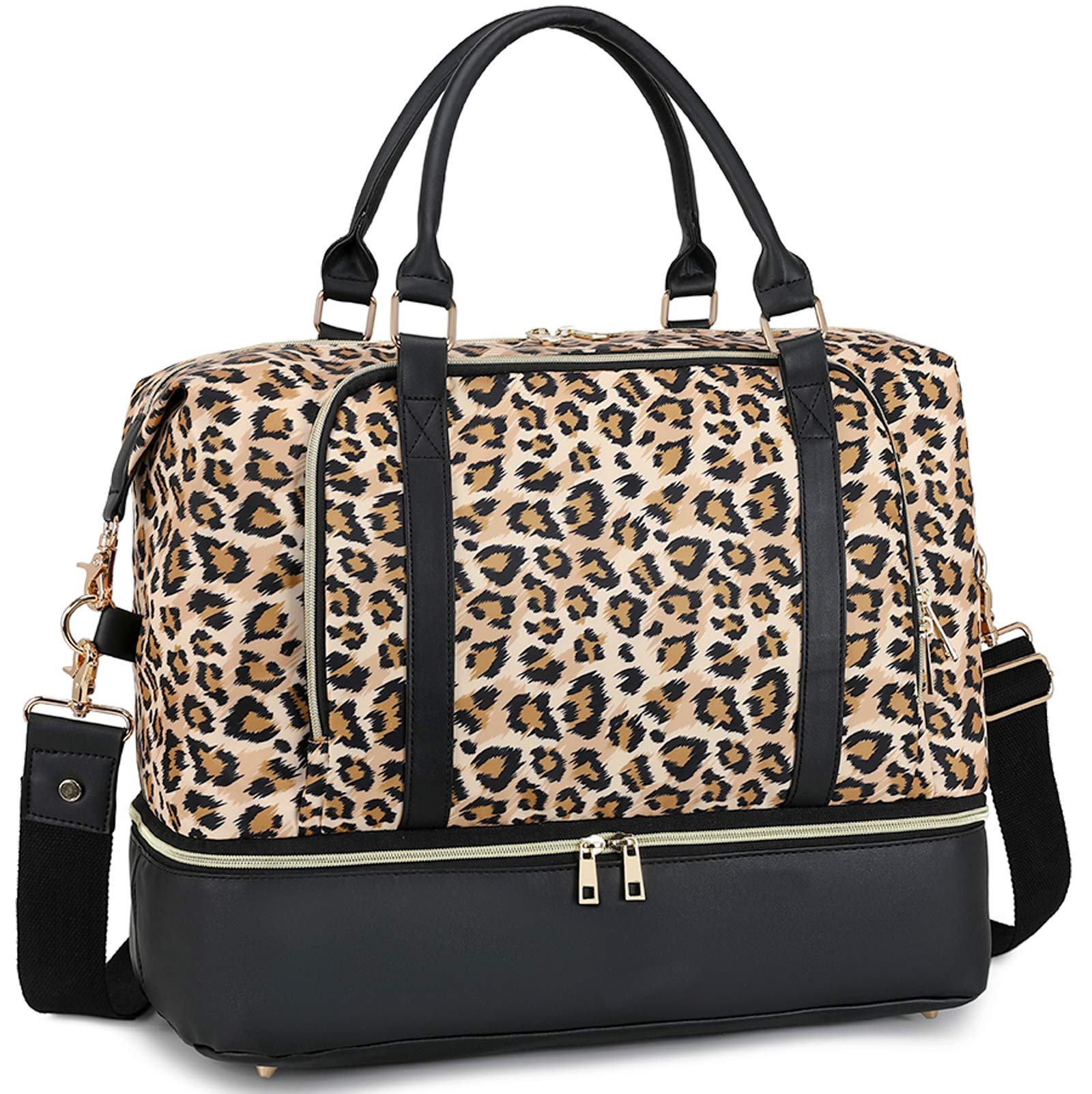CAMTOP Weekender Travel Bags for Women Ladies Overnight Duffle PU Leather Trim Carry On Luggage Tote Bags fit 15.6 Inch Laptop Computer (Leopard with Shoe Compartment)