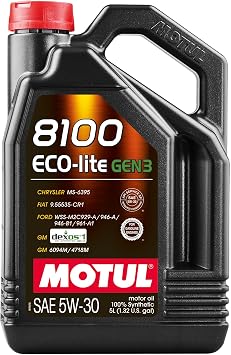Motul 8100 ECO-lite Gen3 5W-30 Full Synthetic Motor Oil with Advanced Low-Friction Formula API SP & dexos1 Gen3 Approved for GM, Ford, Chrysler & Modern Engine Applications 5 Liter