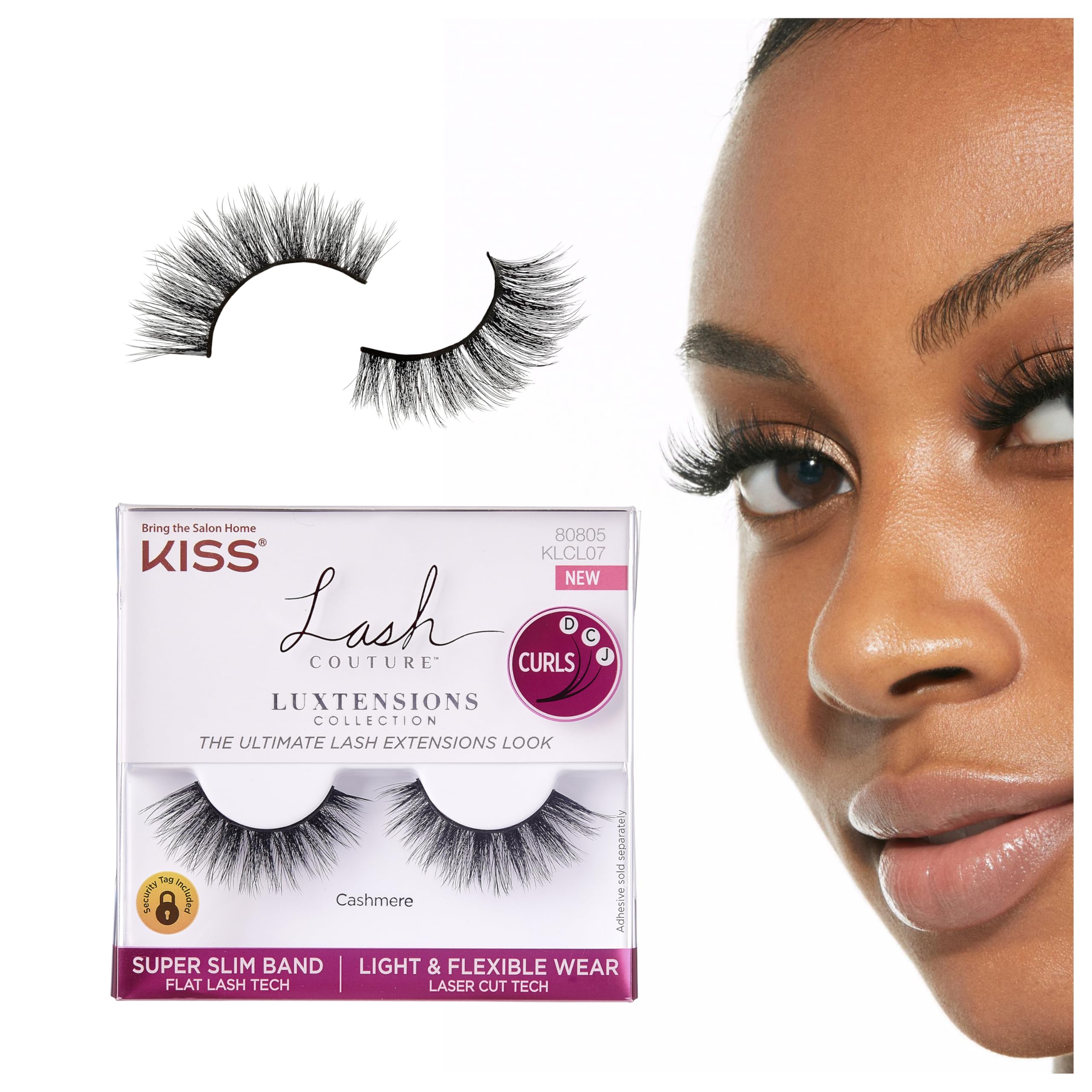 KISS Lash Couture LuXtensions Collection False Eyelashes, Flat Lash Technology, Super Slim Lash Band, Real Lash Extension Fibers, Reusable, Style ‘Cashmere’, 14mm, 1 Pair Strip Lashes