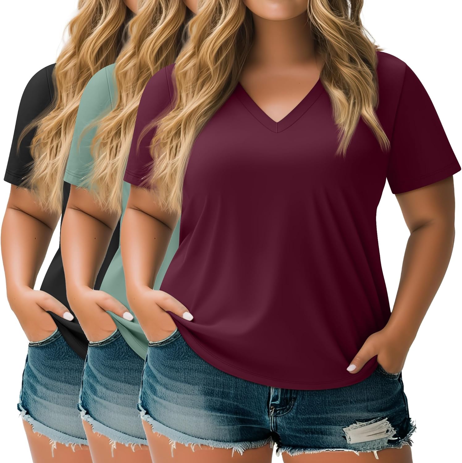 Neer 3 Pack Women's Plus Size T Shirts Short Sleeve V Neck Tops Solid Flat Hem Basic Loose Causal Tees(Black, Gray Green, Burgundy Red,X-Large)