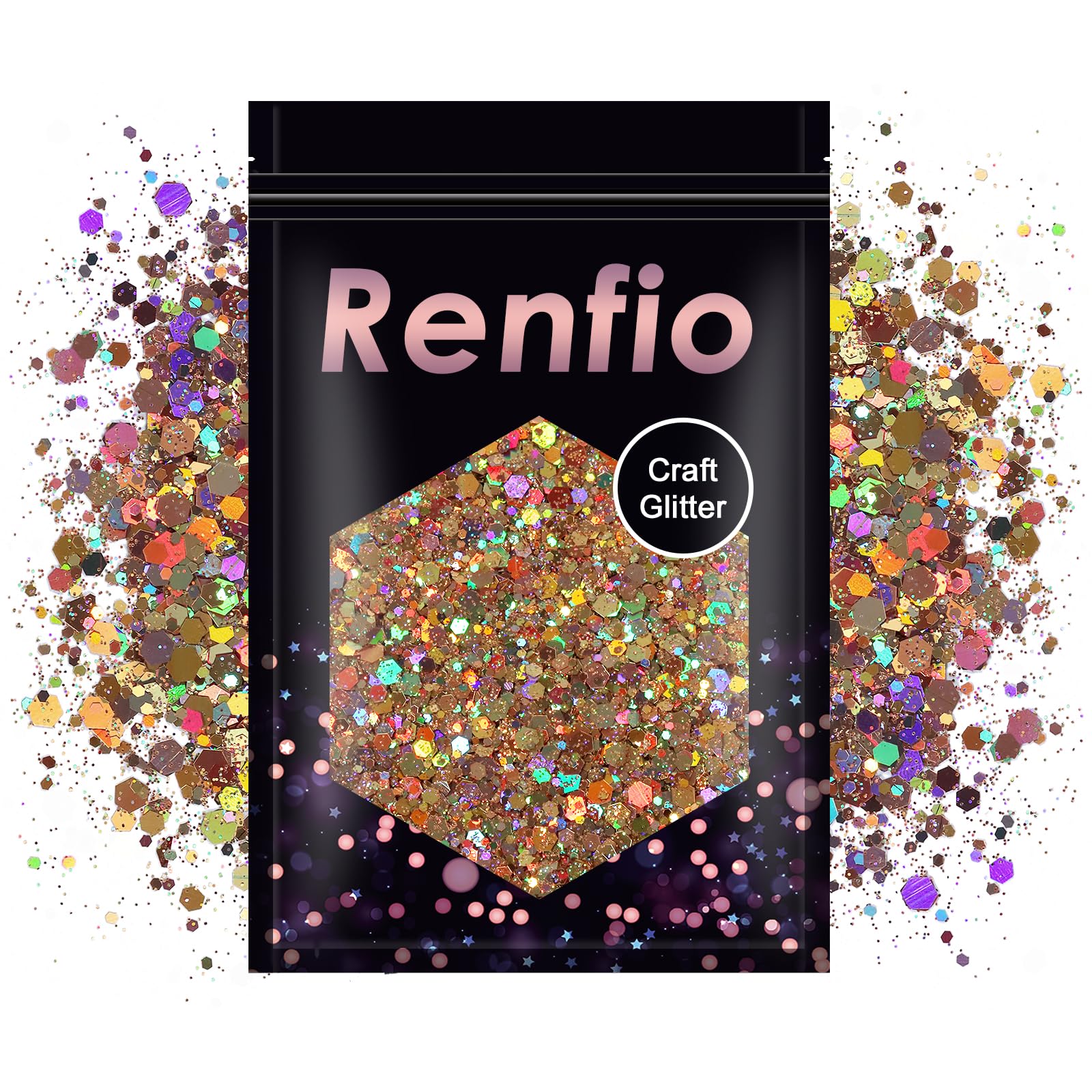 Renfio Holographic Gold Chunky Glitter, 3.5 Oz (100g) Metallic PET Flake Mixed Fine Powder Face Glitters for Craft Resin Pigment Tumbler Ornament