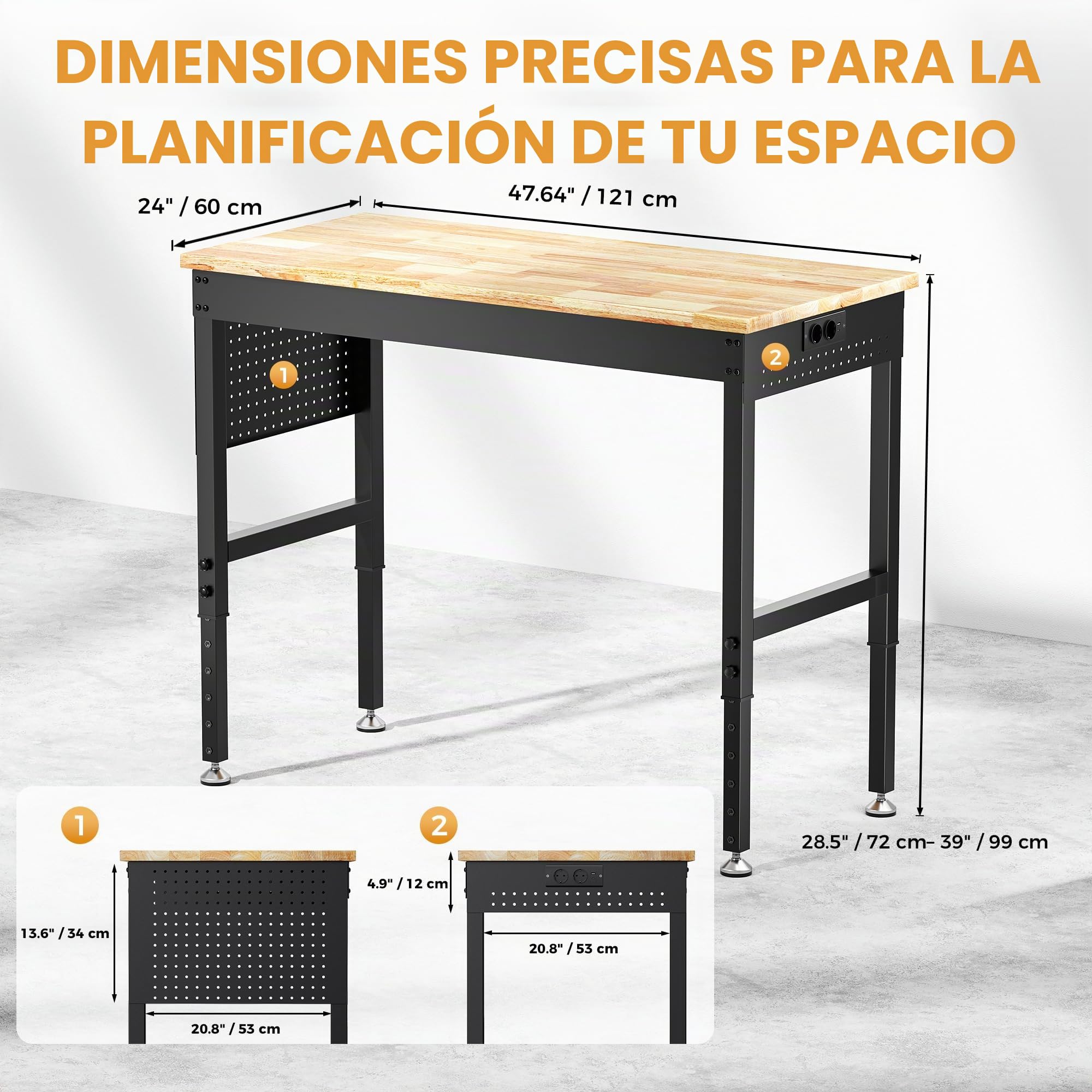 Banco de trabajo ajustable de alta resistencia de 121 x 60 cm, capacidad de carga de 2000 libras (907 kg), mesa de trabajo de madera de caucho con tablero de clavijas, regleta de alimentación