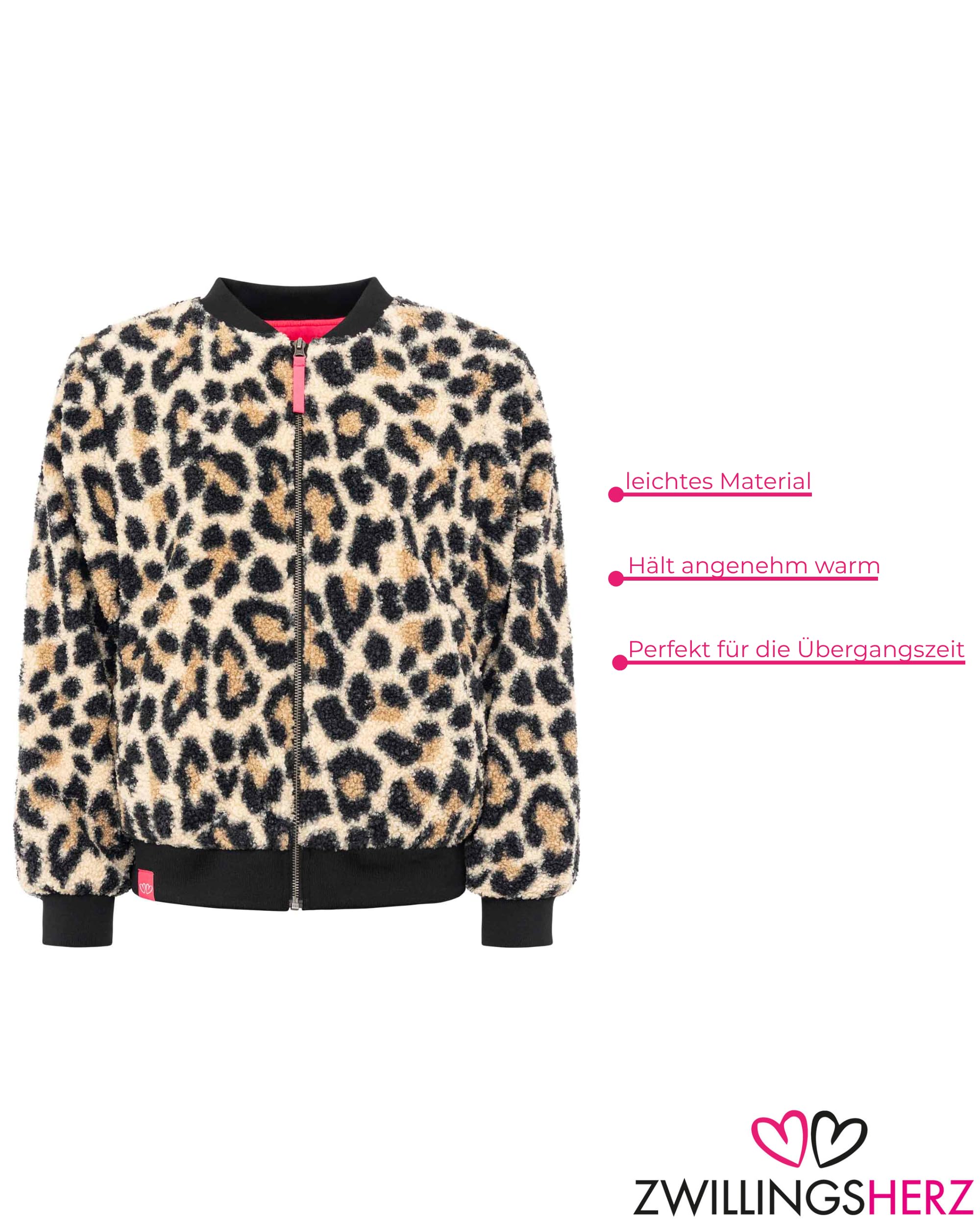 Zwillingsherz Teddy-Bomberjacke im Leo-Muster – Damen Übergangsjacke – Kurze stylische Jacke für Frühling & Herbst – Kuschelige Outdoorjacke mit Reißverschluss – Trendpiece für Alltag & Freizeit
