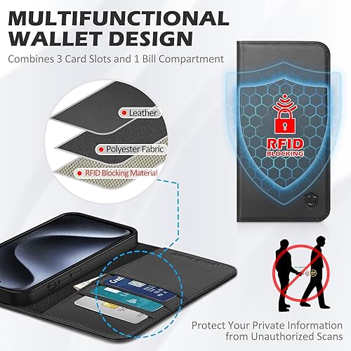 Miniatura 3 de SHIELDON Funda para iPhone 15 Pro 5G, cuero genuino desmontable 2 en 1, cartera con función atril y bloqueo RFID, soporte para tarjetas, magnético,