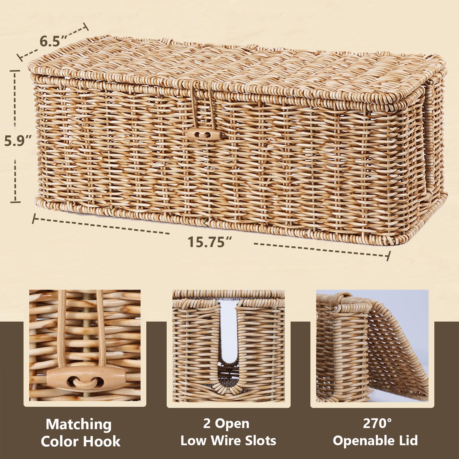 Brownlily - Caja de gestión de cables, organizador de cables estilo ratán para cables de ordenador, toma de cables de ordenador, apto para bebés, para regletas, TV,