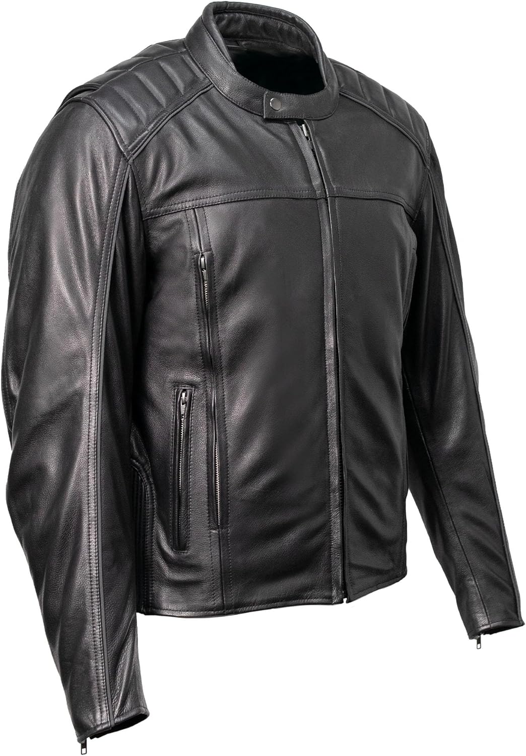 MILWAUKEE MOTORCYCLE CLOTHING CO. Men's Top-Spot Scooter Style Black Leather Jacket w/Reflective Piping MMC10007