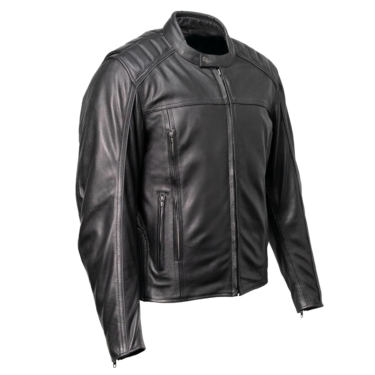 MILWAUKEE MOTORCYCLE CLOTHING CO Mens Top-Spot Scooter Style Black Leather Jacket w Reflective Piping MMC10007