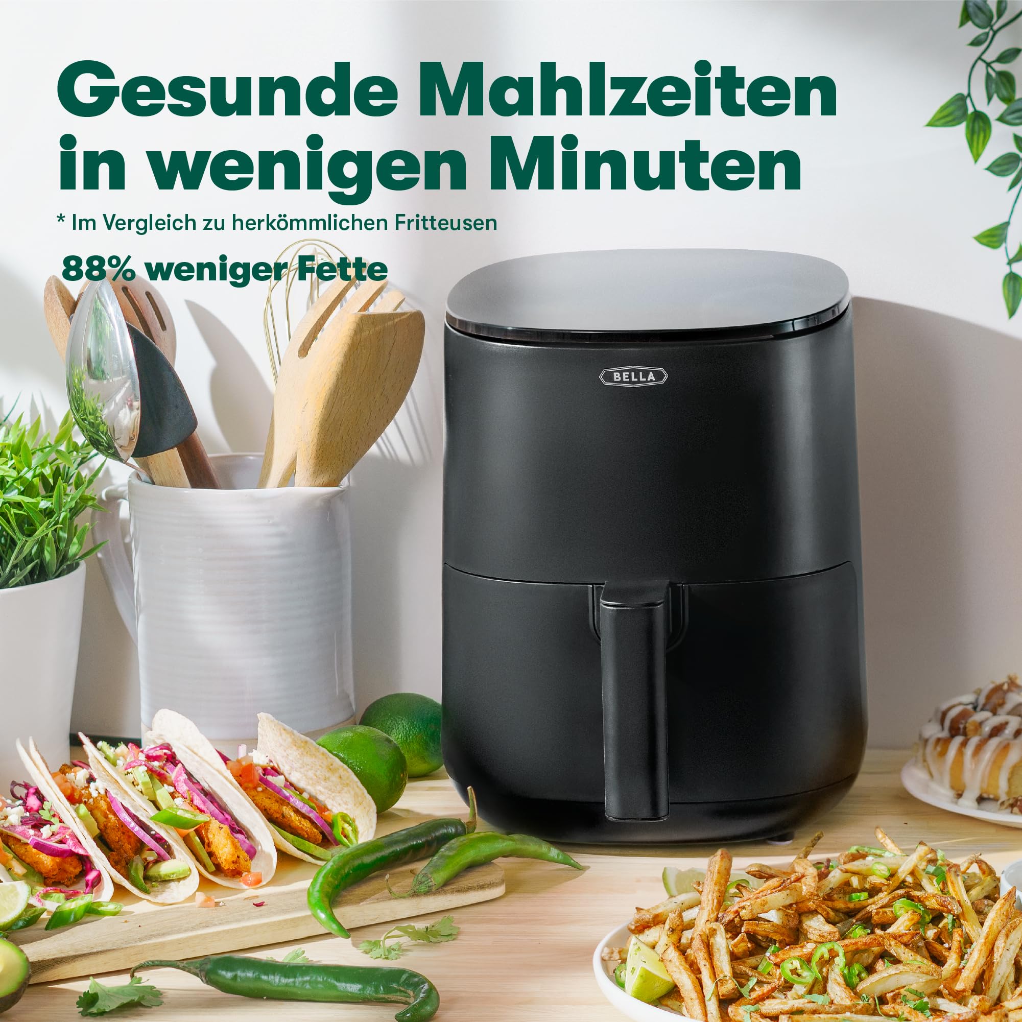 bella 3L Touch Screen Hot Air Fryer, Oil-Free Frying, Dishwasher Safe  Non-Stick Pan and Frying Rack for Easy Cleaning, Matte Black : Amazon.de:  Home & Kitchen