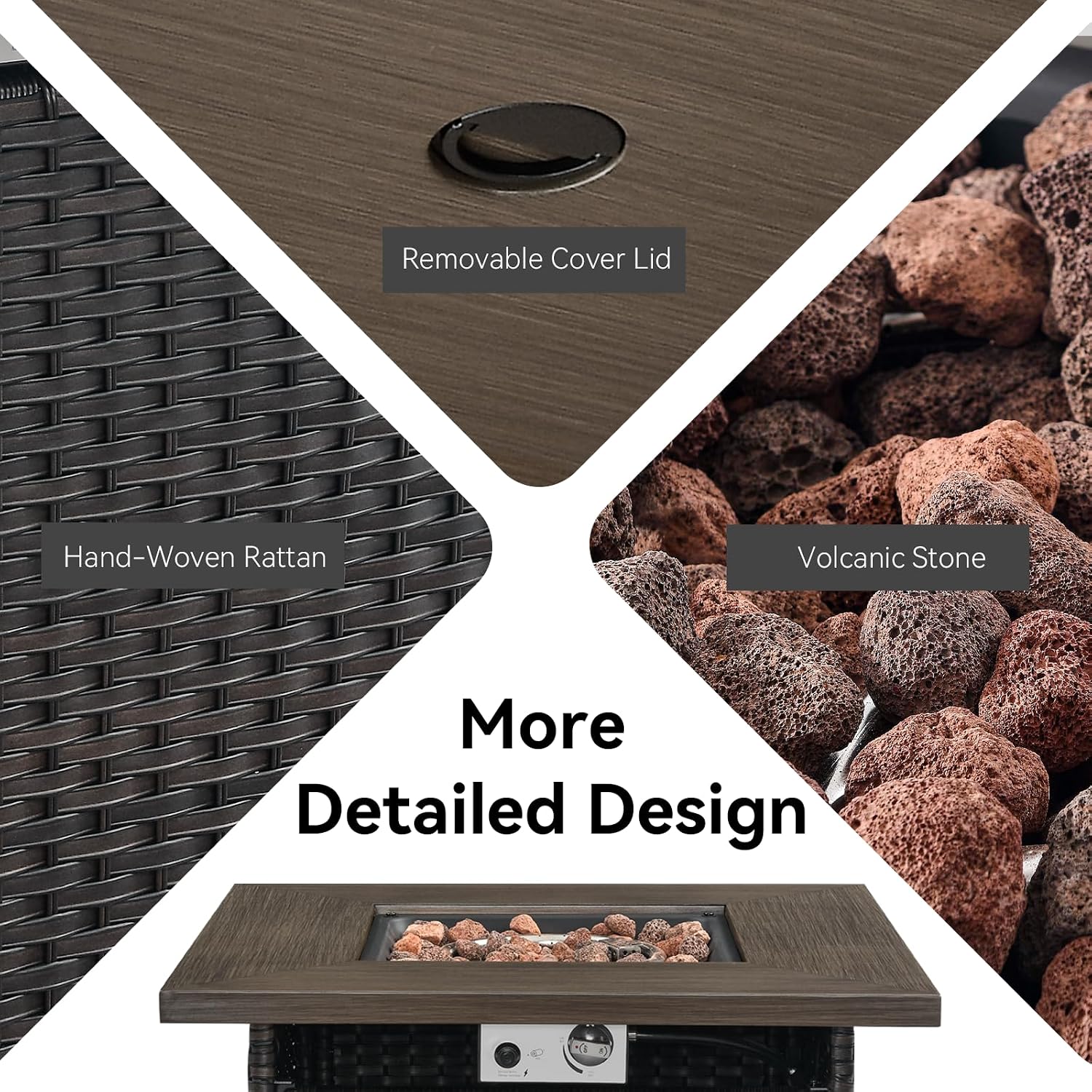 30" Wicker Rattan Propane Fire Pit-50,000 BTU Outdoor Steel Fire Table with Lid and Lava Rock, 2-in-1 Gas Fire Pit for Deck Porch Garden Backyard-Brown