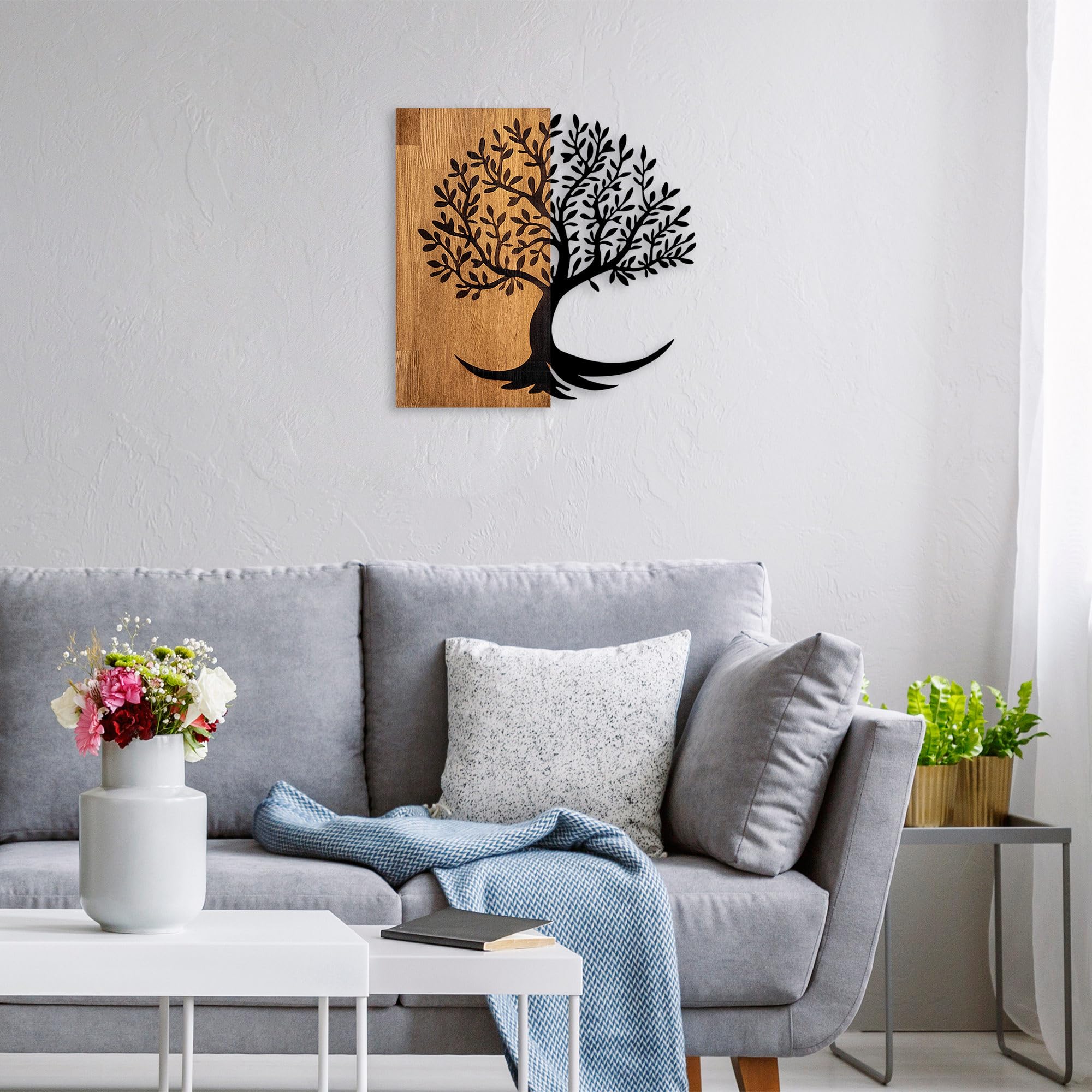 Elegantes Wandaccessoire aus Holz, 58 x 58 cm, 100% Holz und Metall, Walnuss und Schwarz | Einzigartiges Design, perfekt für die Wohndekoration