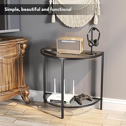 Miniatura 5 de SAYGOER Mesas auxiliares de cama de media luna, mesas auxiliares pequeñas para sala de estar, cama, mesas de sofá de madera de 2 niveles con estante
