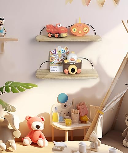 Miniatura 5 de Sapowerntus Estantes flotantes de madera para pared, estante de madera rústico con línea curva de onda, diseño minimalista de geometría simple,