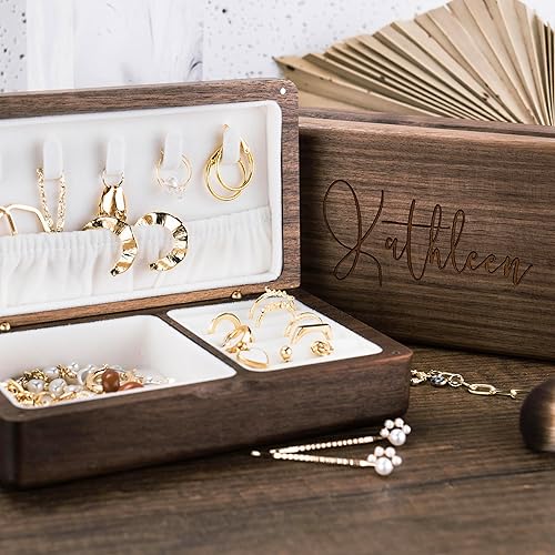 Miniatura 3 de Joyero personalizado con nombre 10 diseños, nogal Caja organizadora de joyas de madera personalizada, estuche de viaje de joyería personalizado,
