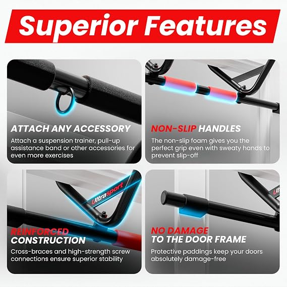 Ultrasport Pull-up Bar, Door Bar, Adjustable From 66.5 cm to 93 cm, Can Be Mounted Without Screws, Non-slip, Secure Hold, Foam Handles