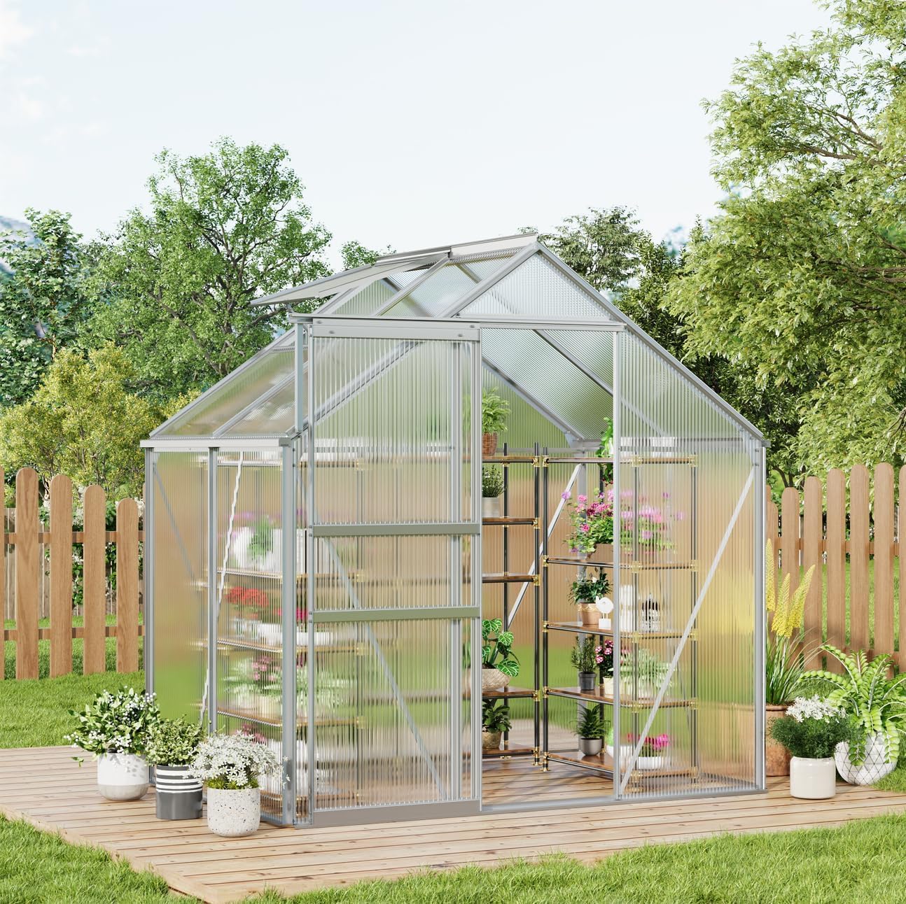 GarveeHome 6x4FT Greenhouse, Small Walk-in Polycarbonate Greenhouse with Adjustable Vent Window, Sliding Door, Portable Green House Kit for Outdoors, Winter