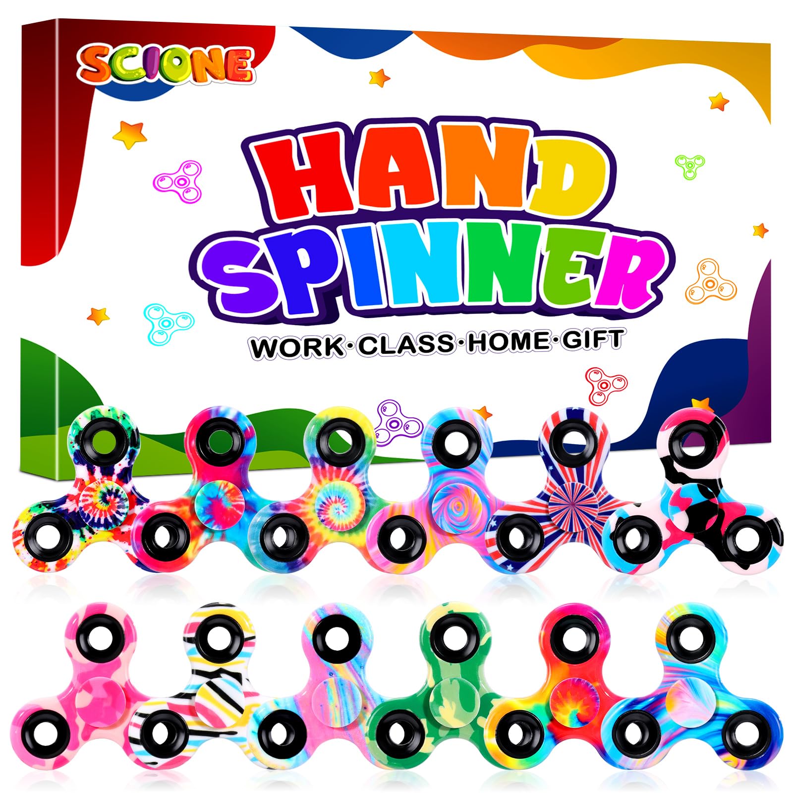SCIONE 12 Pack Fidget Spinners, Mini Stress Relief Fidget Toys for Kids Colourful Hand Spinner with Smooth Bearings