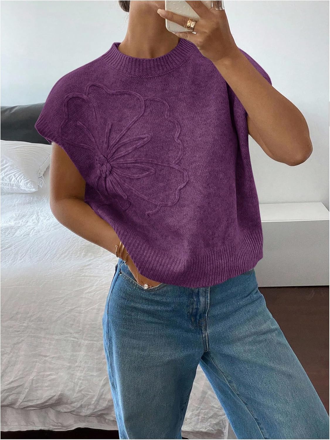 SOLY HUX Women's Short Sleeve Sweater 3D Floral Sweaters Pullover Tank Tops Knit Vest Trendy Fashion Clothing Red Violet Floral Large - Image 2