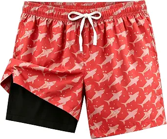 Men's Swim Trunks Hawaiian Quick Dry 2 in 1 Board Shorts with Pockets Drawstring Beach Swimsuits