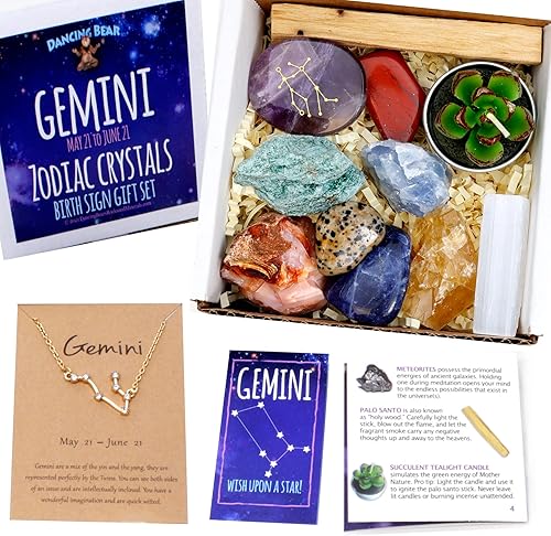 DANCING BEAR Juego de regalo de cristales curativos del zodiaco Géminis (14 unidades) 9 piedras, collar de constelación chapado en oro de 18