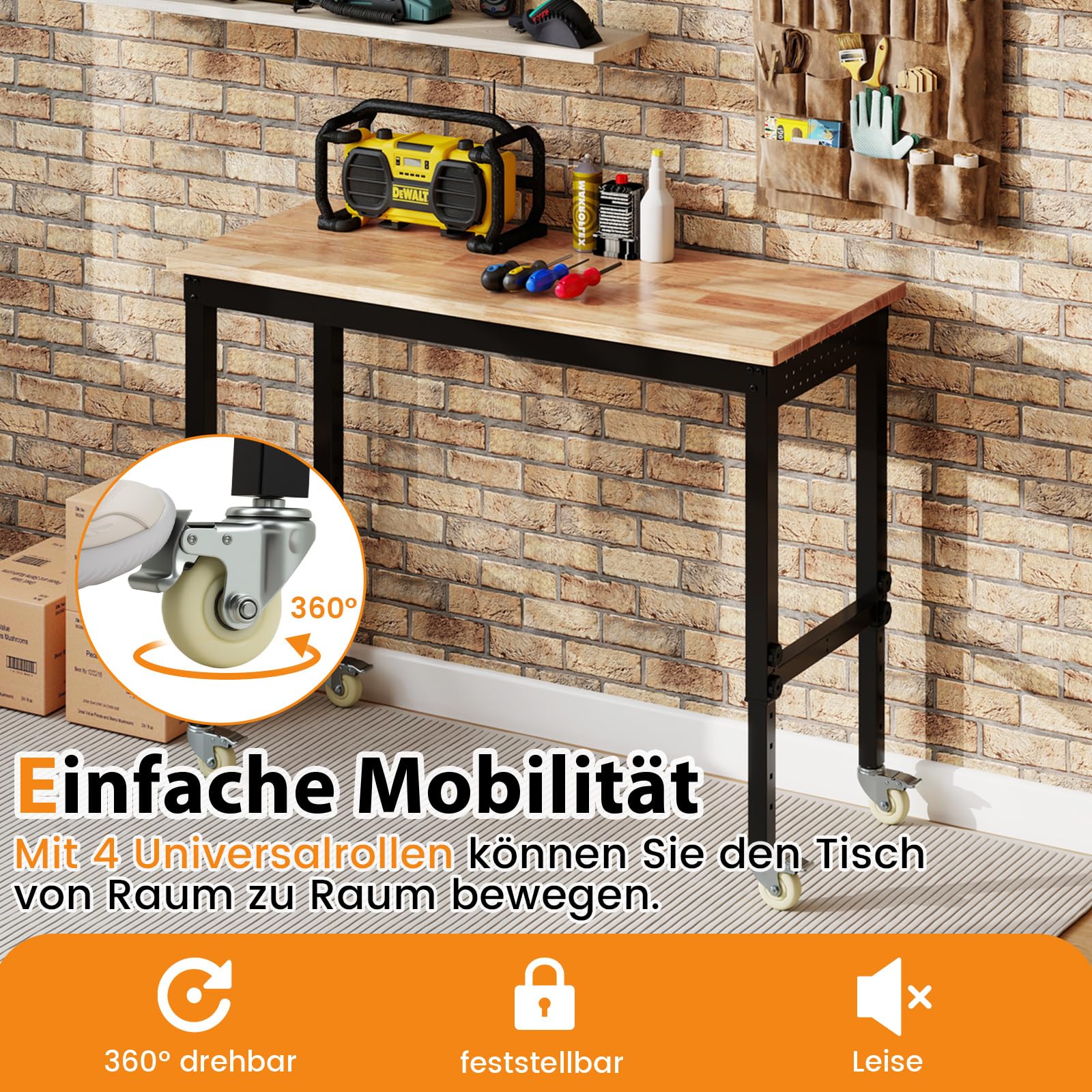 COSTWAY Verstellbare Werkbank mit Rollen, Werkstatt Arbeitstisch aus Gummi Holz mit 2 Lochplatten & Metallrahmen, 1100 kg Tragkaft, Werkbanktisch Werkzeugtisch mit 122cm Arbeitsfläche für Garage Büro