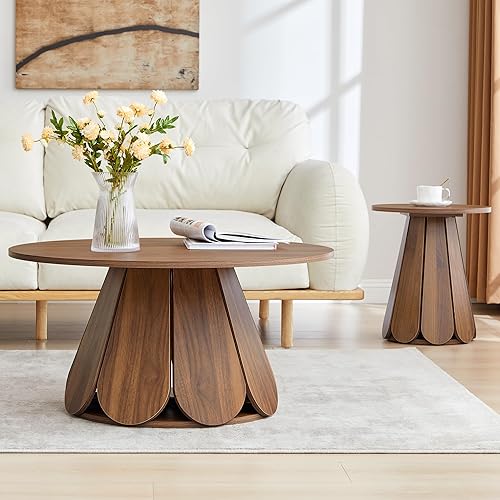 Miniatura 7 de Mesa de centro redonda, moderna mesa central circular de madera con base de pedestal para espacios pequeños, sala de estar, apartamento, nogal