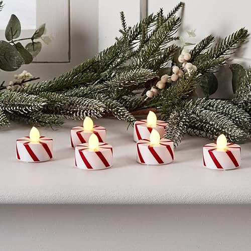 Lights4fun Set of 6 Candy Cane Striped Flameless Battery Operated LED Christmas Tea Lights