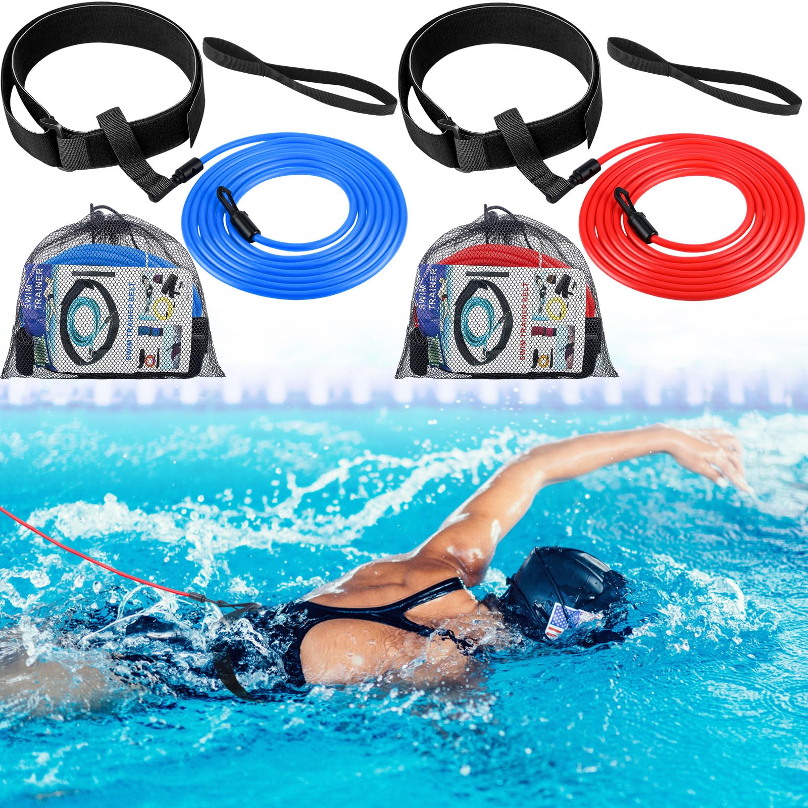 Wettarn Confezione da 2 cinghie da allenamento per nuoto, 4 m, per esercizi fissi e di resistenza acquatica, con borsa in rete, per allenamento in piscina e nuoto