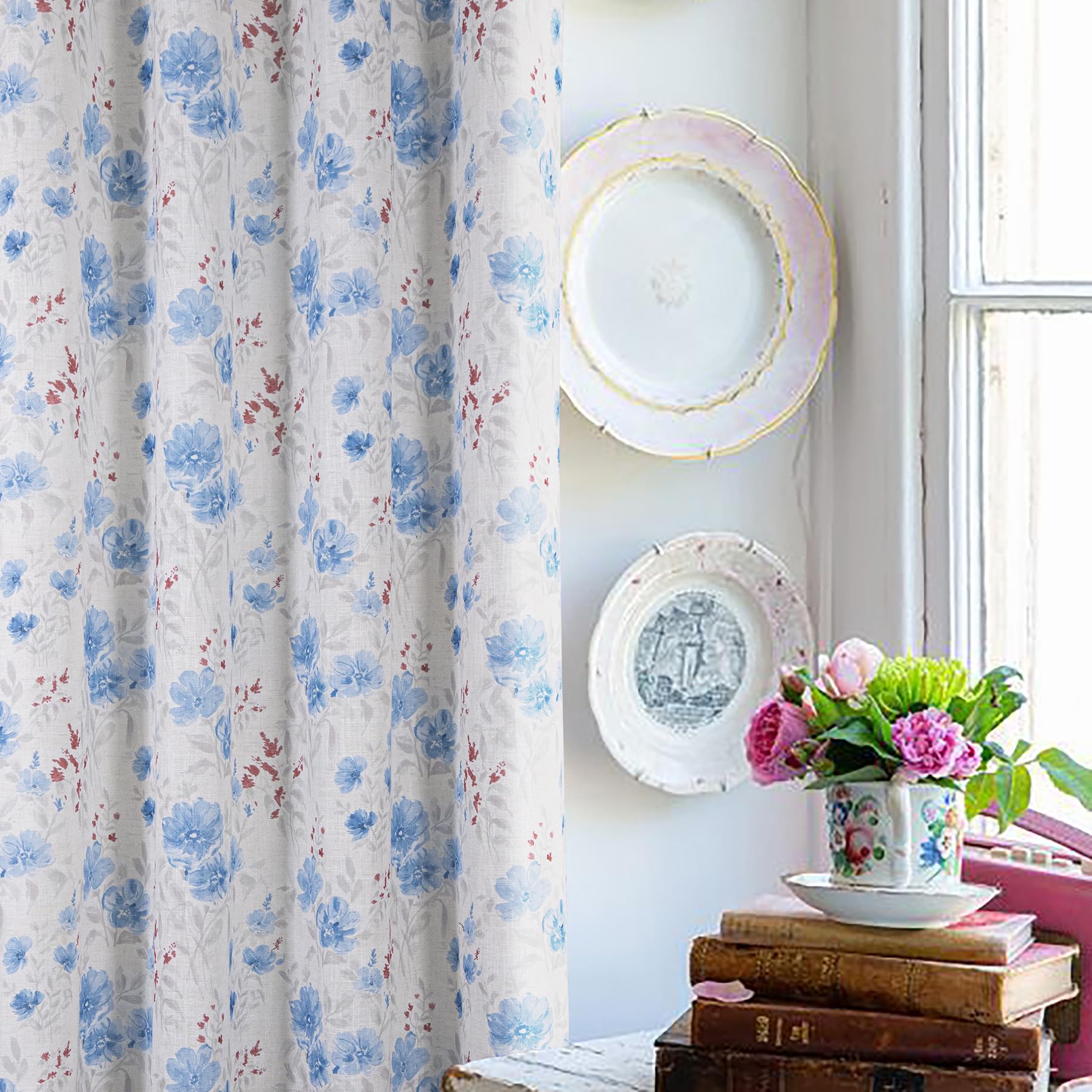always4u Linen Look Curtains Semi-sheer Eyelet Printed Curtains Light Blue Floral Window Treatments for Living Room Bedroom Decoration Modern Textured 1 Pair W46 x L54 Inches - Image 3