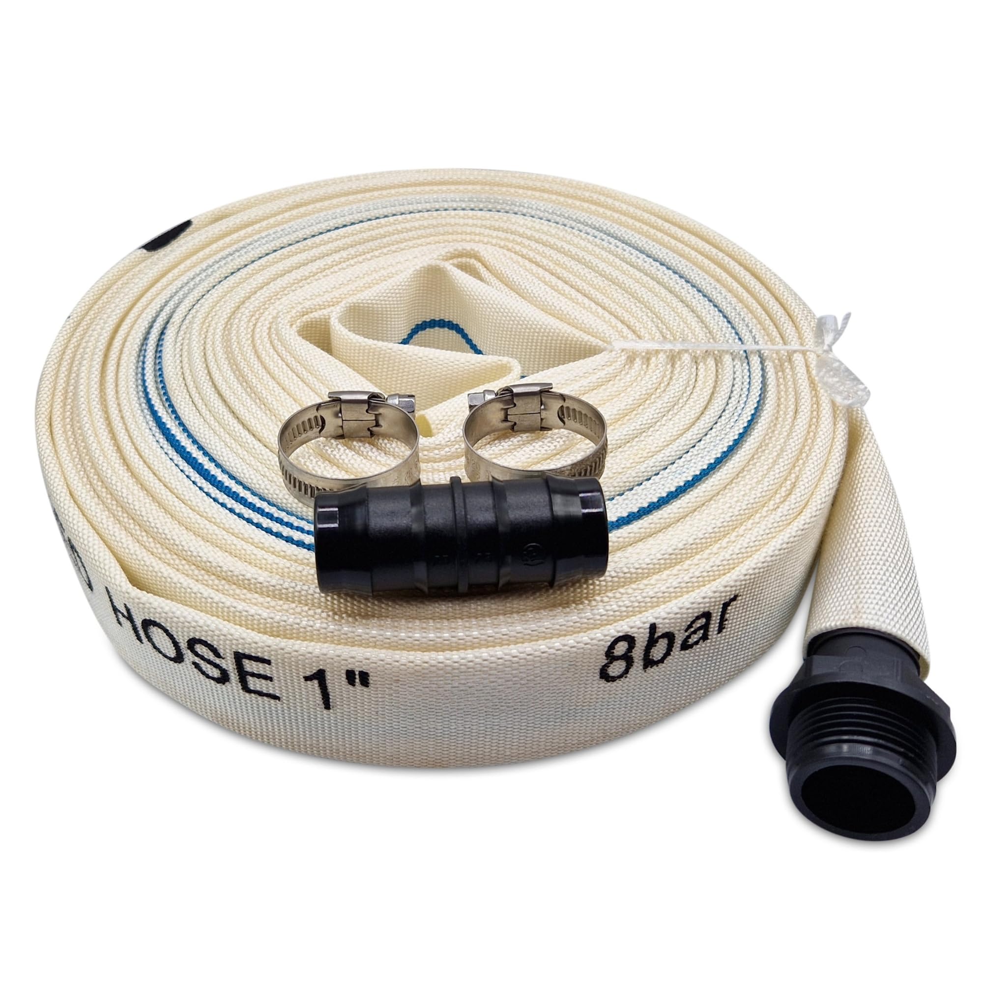 MYPURECORE Heavy Duty Layflat Discharge Hose Pipe Set – 10m / 15m / 20m / 30m x 25mm – 8 Bar High Pressure Nylon Water Pump Hose with Joiner, Clips & Pond Connector – Flood, Drainage Use (30m)