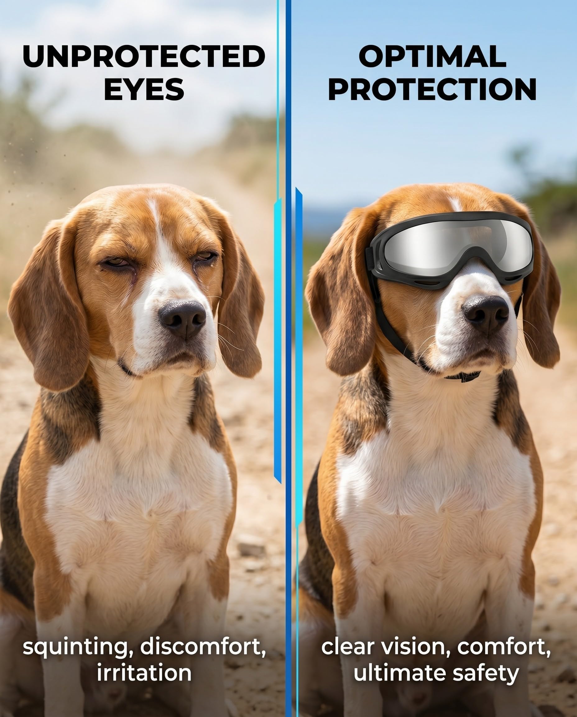 Occhiali per Cani Protezione UV, Occhiali da Sole per Cani Antivento per Cani di Taglia Media e Grande con Cinghie Regolabili, Maschera con Lenti Argentate per Guida Attività all'Aperto