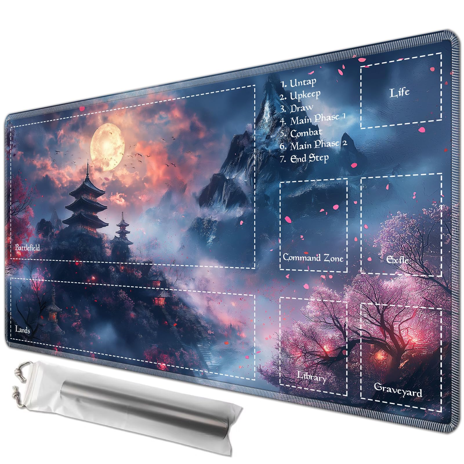 JANENFNA Playmat 24" x 14" with Magic Zones for MTG Card Game Playing, Board Game Mat for Card Breaking Commander Deck Gaming Card Game Battles Mat with Storage Bags, Japanese Temple Cherry Blossom — image 1