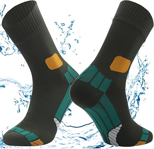 Vista 11 de Calcetines impermeables para hombres y mujeres, transpirables, para senderismo, vadeo, esquí, deportes al aire libre, calcetines de tripulación Gris