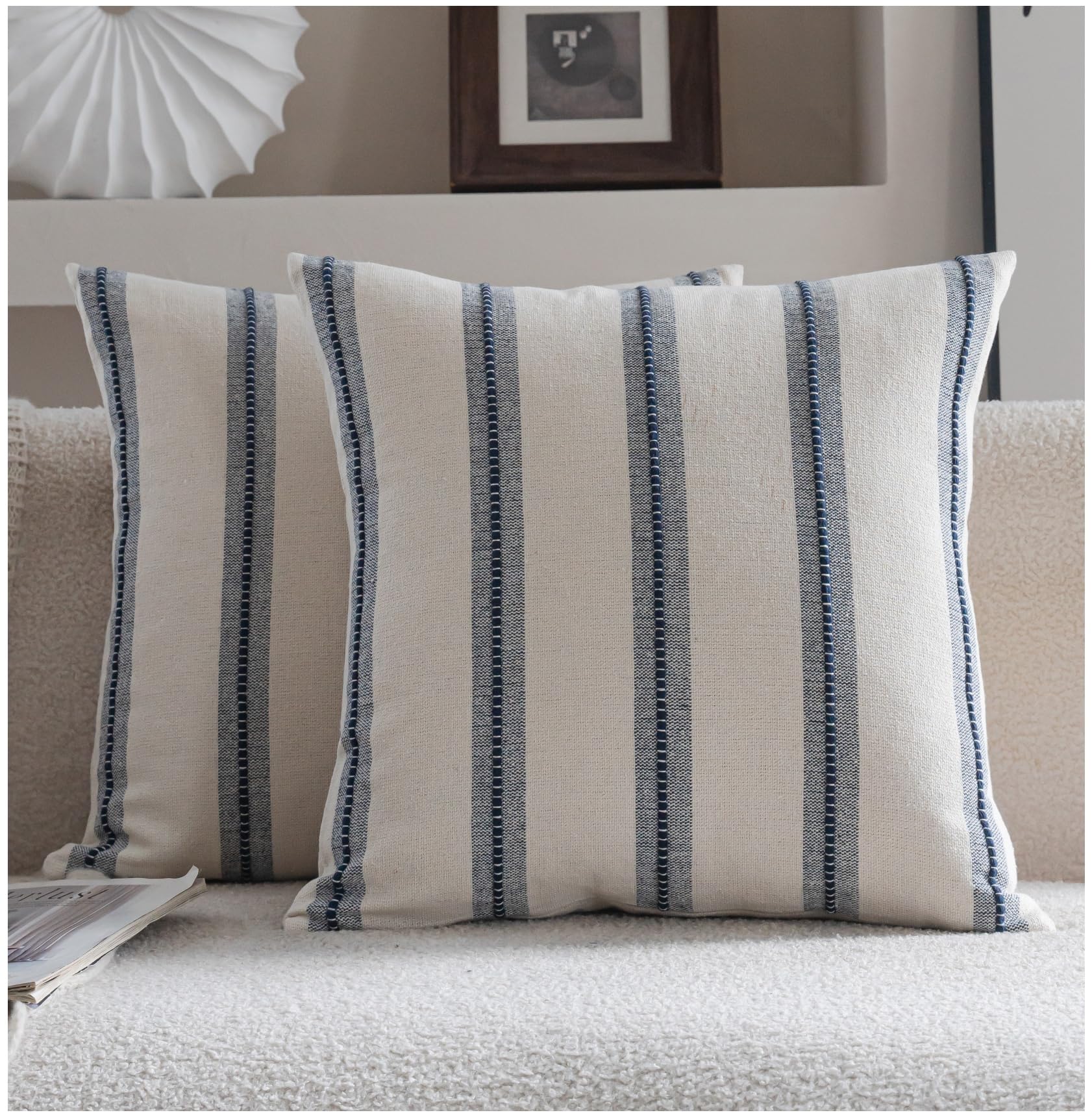 Cethom Set di 2 federe per cuscini in stile bohémien, 56 x 55 cm, colore blu navy a righe, per divano, sedia, letto, federe testurizzate per soggiorno