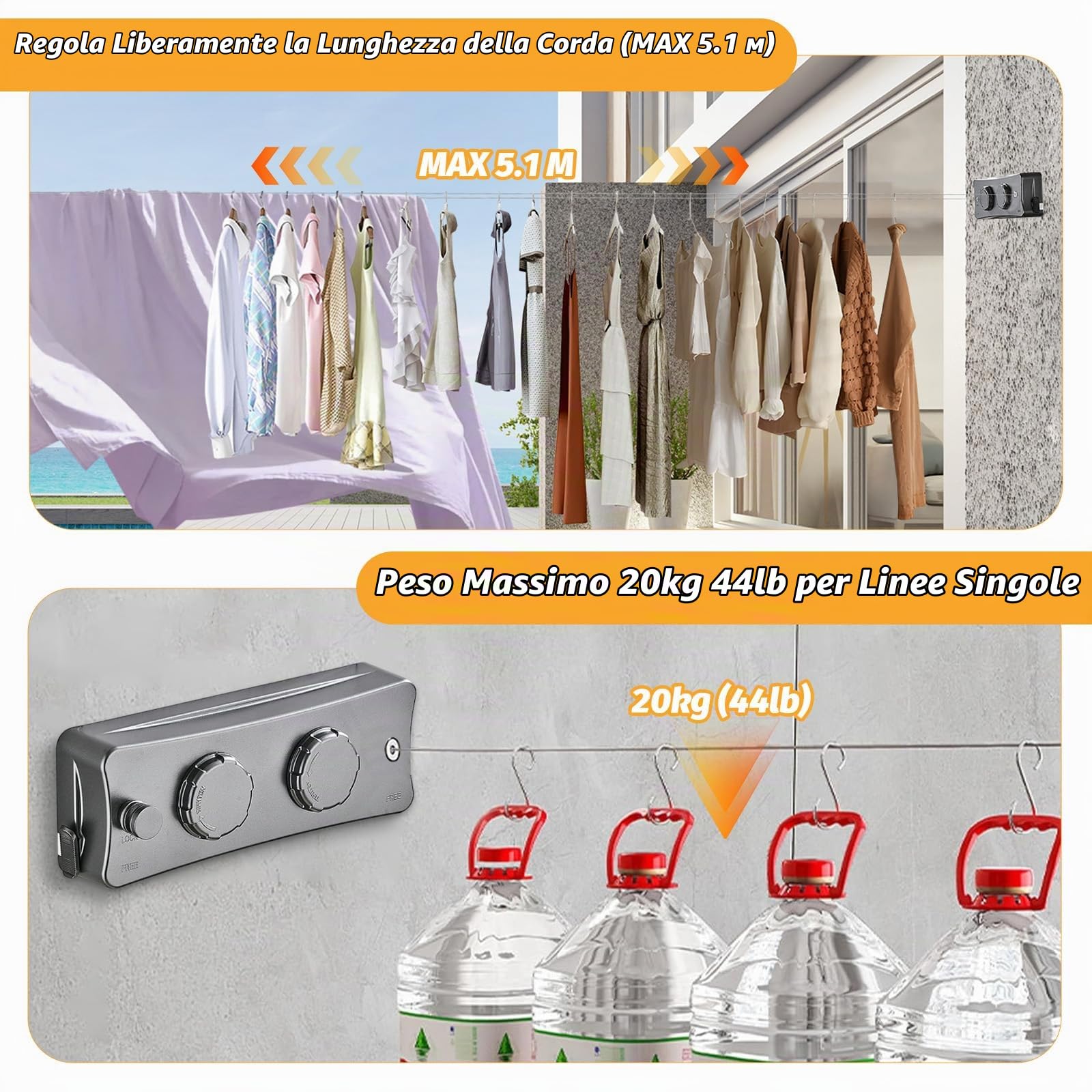 Filo per bucato allungabile, 5,1 m, montaggio a parete, in acciaio inox non appeso, filo per bucato, due fili di lino per balcone, hotel, bagno