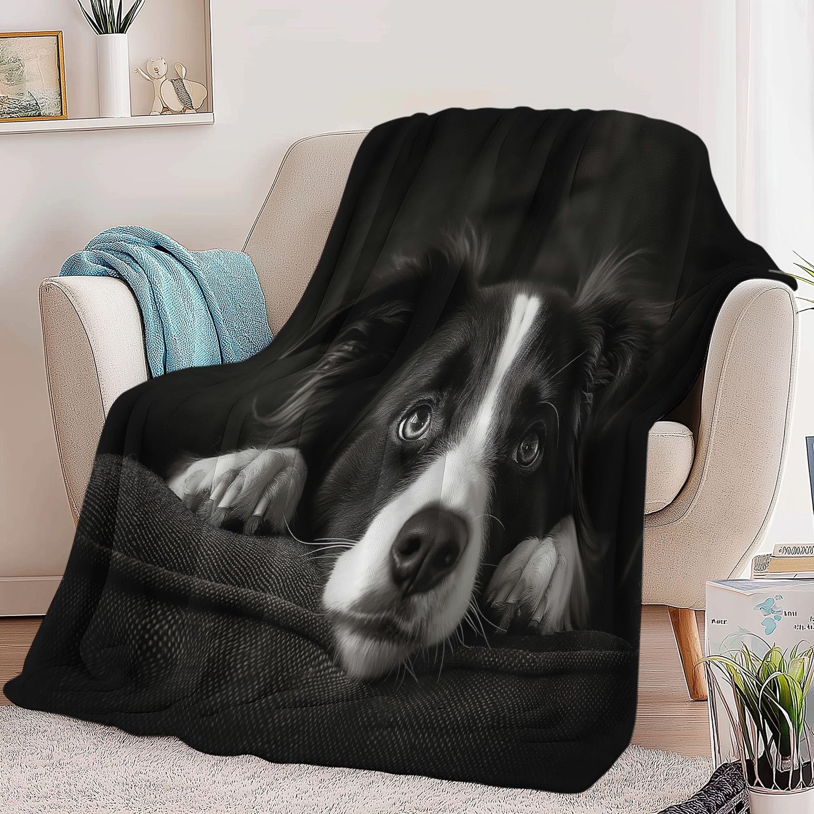 Générique Flanelowy koc dla zwierząt Border Collie 220 x 240 cm Koc polarowy, ciepły i miękki pluszowy koc na sofę Czarny pokrowiec na łóżko na sofę krzesło kempingowe