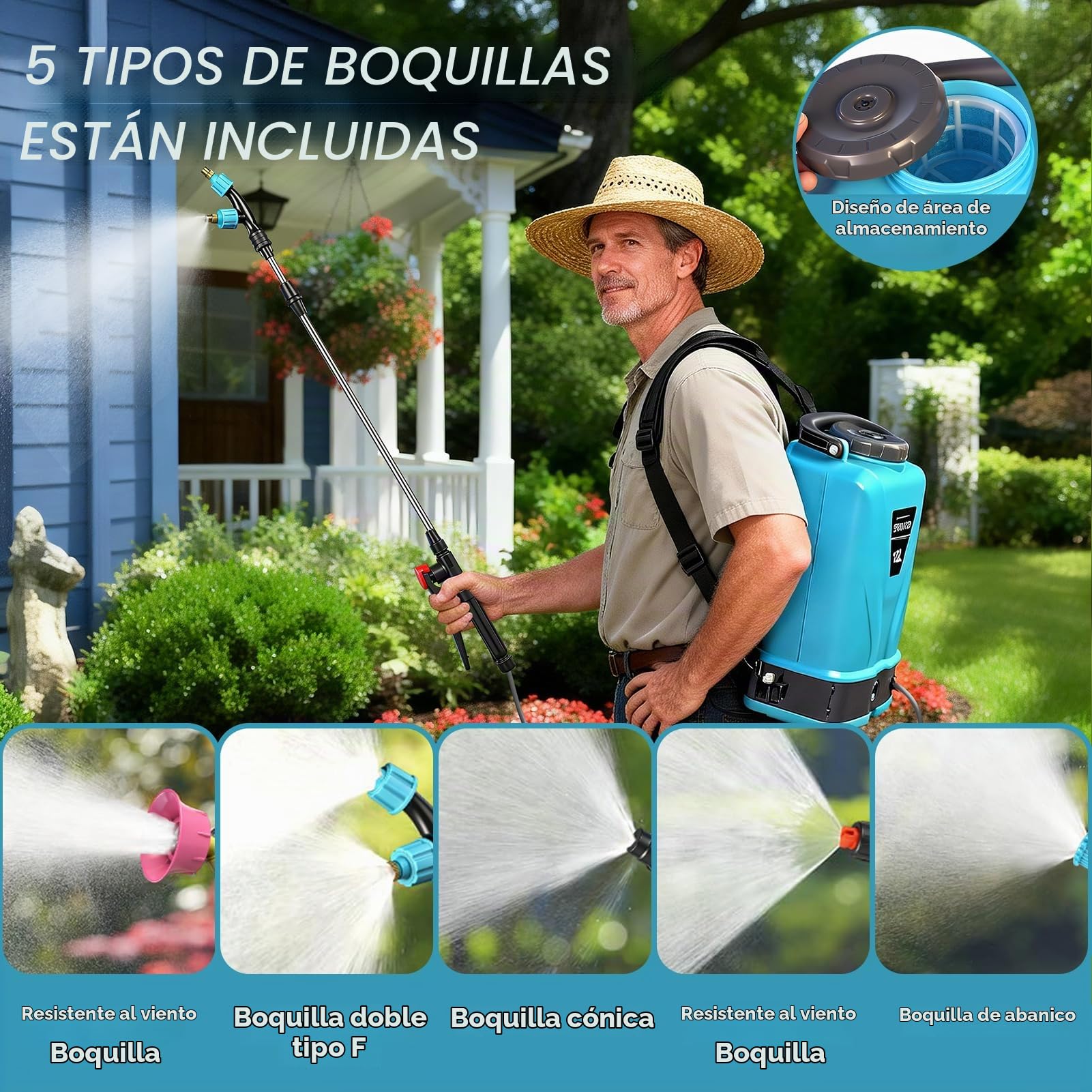 Viugreum 12L Pulverizador de Mochila a Batería, 12V Pulverizador Eléctrico de Jardín con 5 Boquillas de Nebulización, Lanza Telescópica y Correa Ajustable para Riego, Irrigación y Mantenimiento