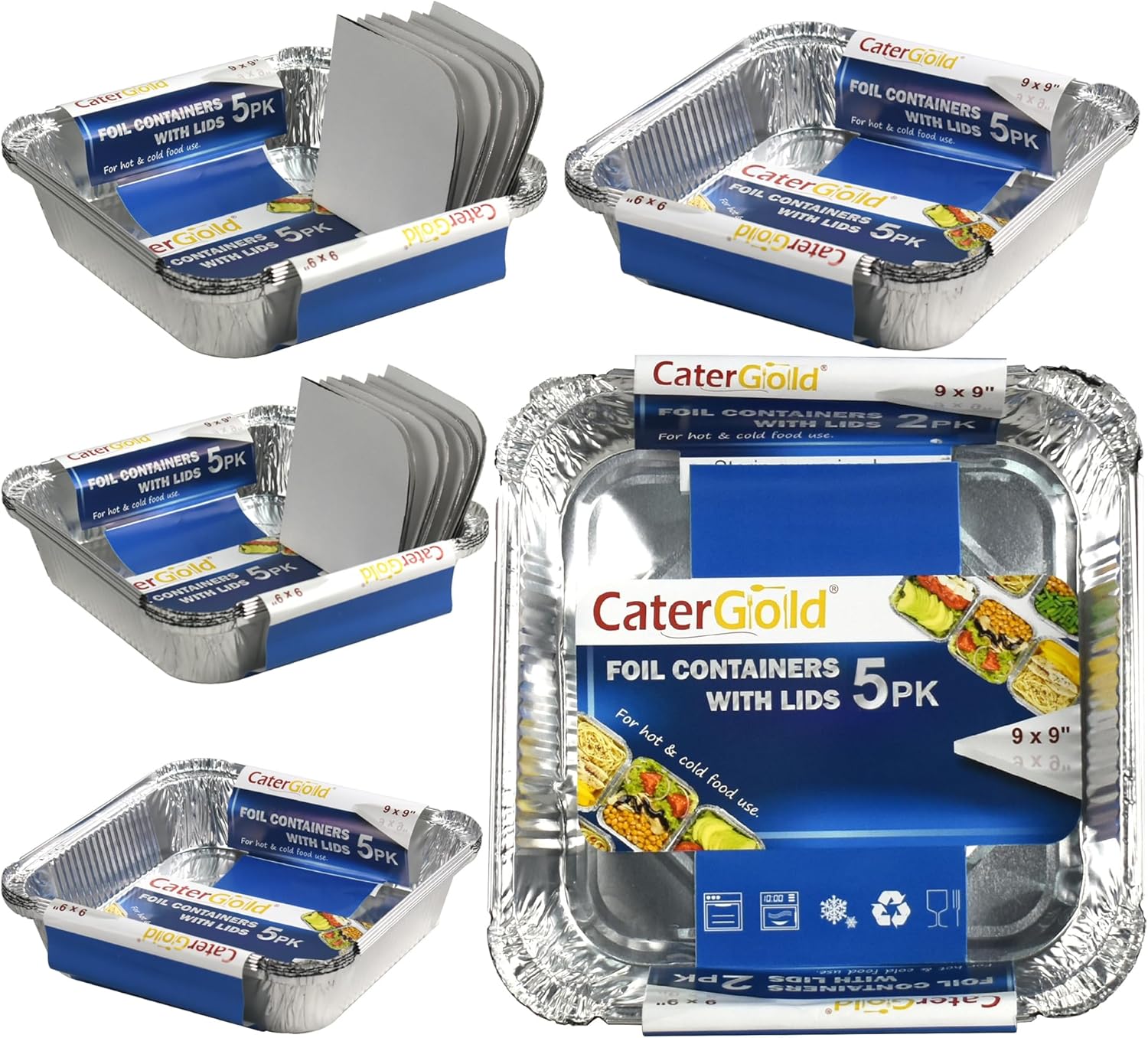 CaterGold Silver Foil Food Container with Lid Aluminium Tray Disposable Reusable Party Home Foil