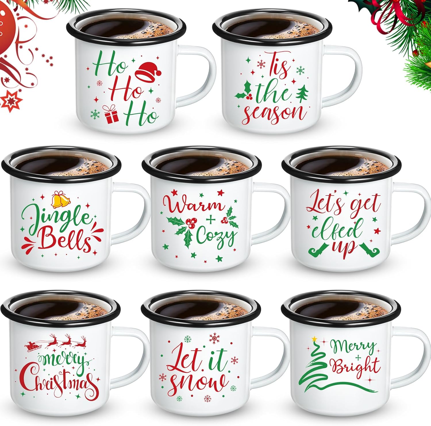 Shellwei 8 Pcs Christmas Mugs Sets 12 oz Enamel Christmas Coffee Mugs Bulk Novelty Holiday Cups for Hot/cold Beverages for Home School Office Table Centerpieces Xmas Holiday Party Gift(Red)