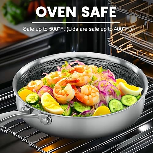 Miniatura 5 de Sartenes antiadherentes, sartén híbrida con tapa, sartenes no tóxicas antiadherentes, sartén de acero inoxidable, aptas para lavavajillas y horno,