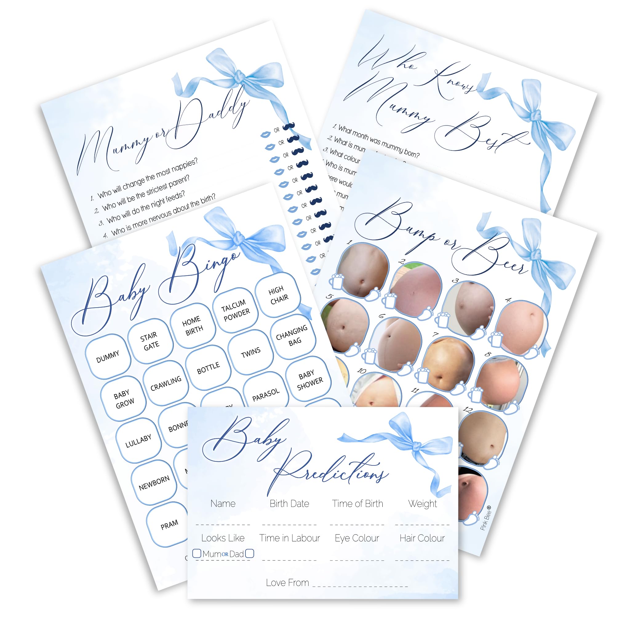 Pink Bee Baby Shower Games Bundle, Pretty Blue Bow Theme, Baby Bingo, Baby Predictions, Who Knows Mummy Best, Mummy or Daddy and Bump or Beer Belly, 5 Fun Games for 10 Guests