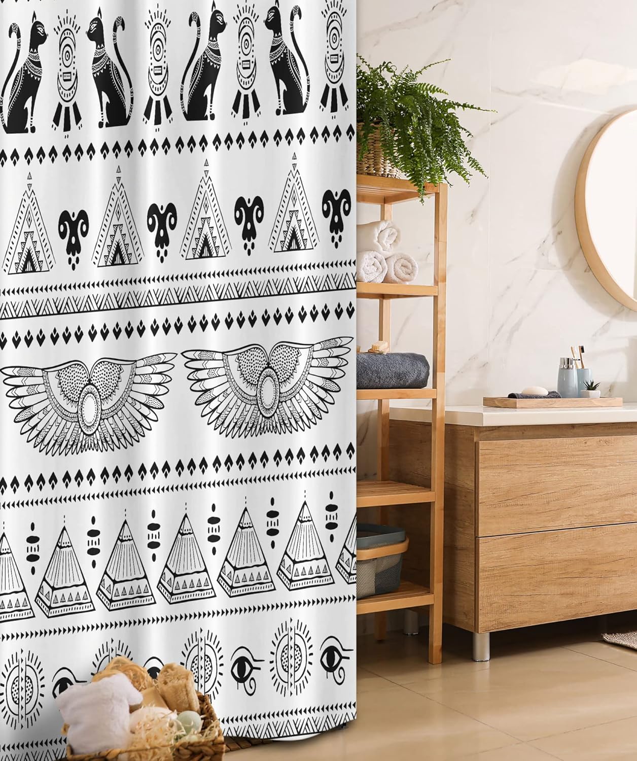 Ambesonne Egyptian Print Stall Shower Curtain, Art Pattern with Egypt Historical Architecture Picture, Fabric Bathroom Decor Set with Hooks, 36" W x 72" L, Black and White